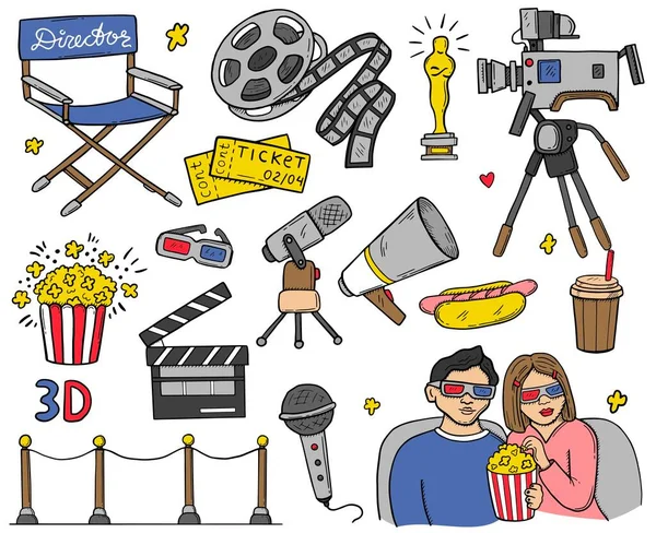 Big set, TV shows, TV series and movies. Funny vector doodles set. Couple in love at the cinema, popcorn, movie camera, hot dog. Handmade illustration. — Stock Vector