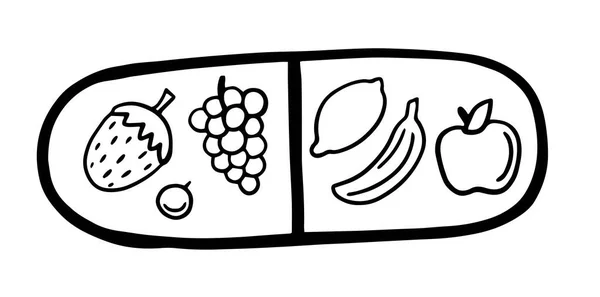 Vector illustration tablet doodle. Vitamin. Fruit is useful in a capsule. pill, design, doodle — Vettoriale Stock