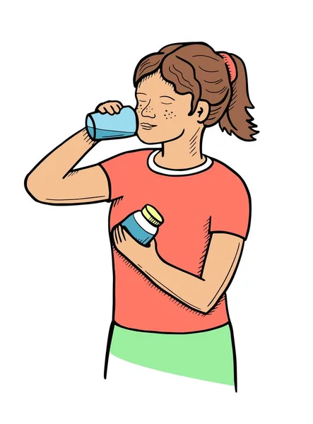 Illustration vectorielle d'une jolie fille qui boit un verre d'eau, des suppléments, des vitamines. Une bonne nutrition. acides aminés. Style caniche. dessin à la main — Image vectorielle