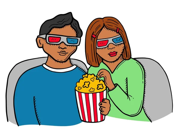 Vektor illusztráció egy pár feketéről, akik filmet néznek. Moziba. Popcorn. Doodle stílus, kézrajz — Stock Vector