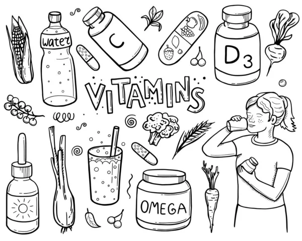 Векторний кольоровий малюнок вітамінів і добавок. Амінокислоти. Вода, кисневий коктейль. Дівчина приймає таблетки. Овочі, буряк, селера, морква, броколі. Правильний спосіб життя. писар. малюнок рук — стоковий вектор