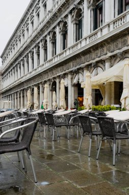 December 2, 2021 - Venice, Italy: Outdoor terrace of Cafe Florian at San Marco Square on a winter day.