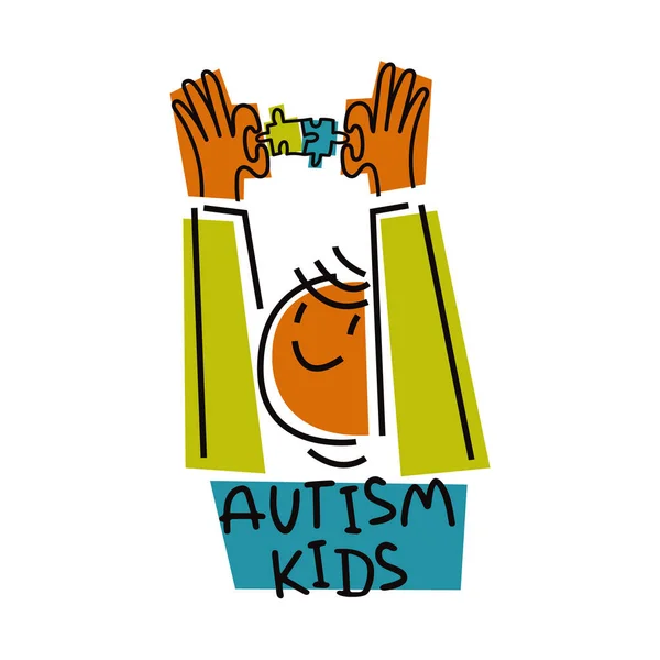 Bulmaca tutan çocuk. Otizm konsepti. Beyaz arkaplanda izole edilmiş vektör düz illüstrasyon