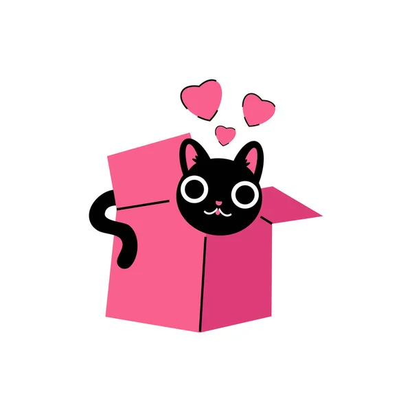 Cute Black Kitten Peeking Out Pink Box Love Pink Hearts — Stock Vector