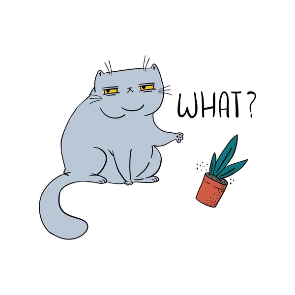 Cute Cartoon Cat Throws Potted Plant Table What Cat Breaking — Image vectorielle
