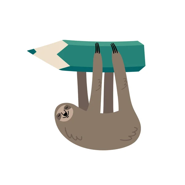 Yeşil kalemli şirin tembel hayvan. Beyaz arkaplanda izole edilmiş vektör düz illüstrasyon