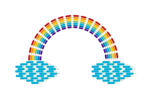 Renkli kalemlerden yapılmış gökkuşağı ve bulutlar. Gökkuşağı şeklindeki renkli kalemler. Vektör illüstrasyonu.