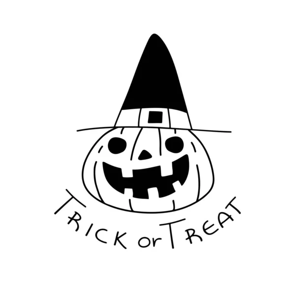 Trick Treat Halloween Pumpkin Witch Hat Vector Doodle Outline Illustration — Stock Vector