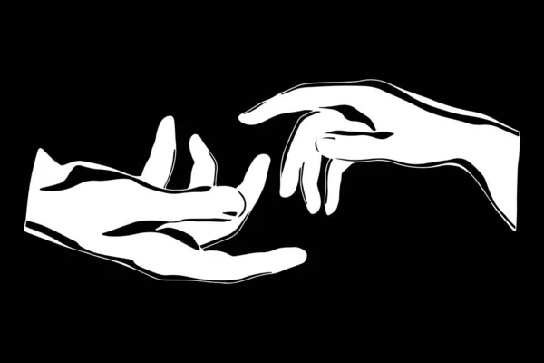 Vrouwelijke Mannelijke Handen Reiken Naar Elkaar Vector Zwart Wit Illustratie — Stockvector