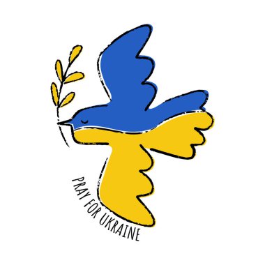 Pray for Ukraine. Flying dove bird Ukraine flag. Vector hand drawn illustration. Isolated on a white background.