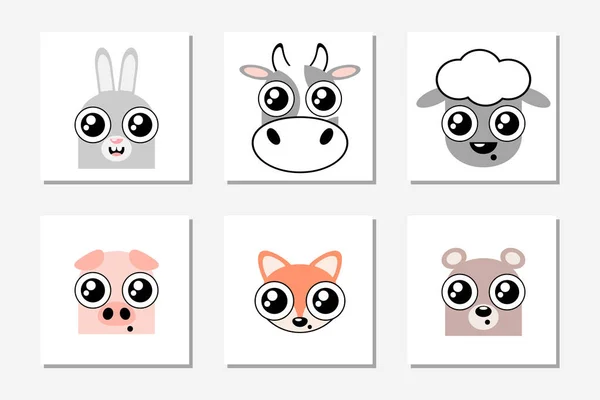 Set Cute Funny Animals Faces Cartoon Bunny Cow Sheep Pig — ストックベクタ