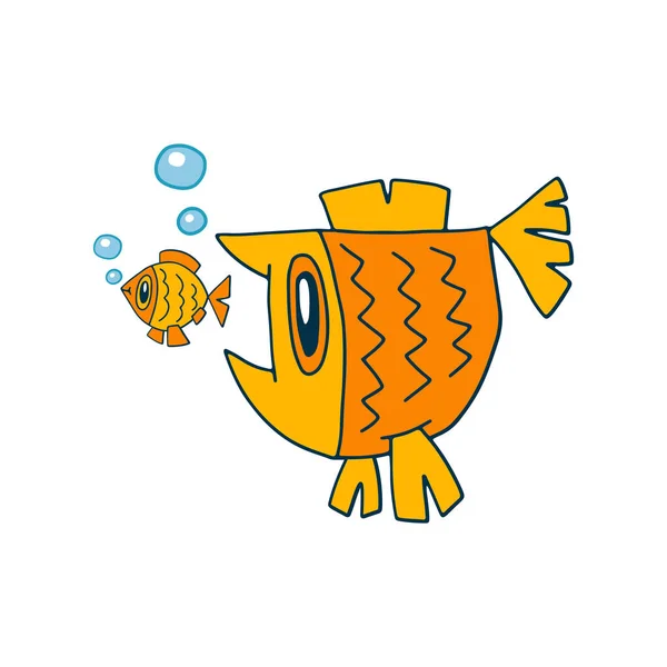 Grote Vissen Willen Kleine Visjes Eten Vector Cartoon Illustratie Witte — Stockvector
