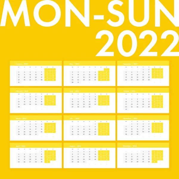 Calendario 2022 lunes domingo vector limpio estilo simple amarillo — Vector de stock