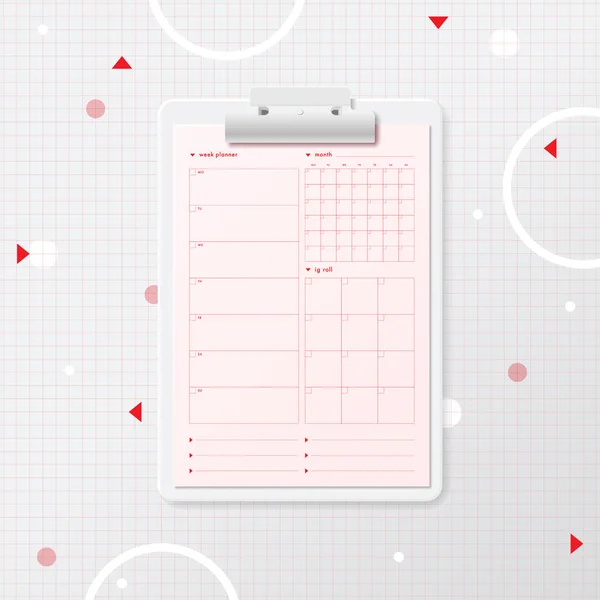 Clipboard with planner for week, month, social media posting plane and notes. — Stock Vector