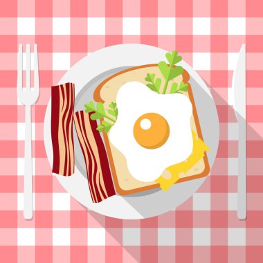 Kahvaltı, çatal bıçak, tılsım, pastırma, ekmek, otlar, kırmızı kareli masa örtüsü, düz stil, vektör.