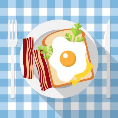 Kahvaltı, çatal bıçak, tılsım, pastırma, ekmek, otlar, mavi kareli masa örtüsü, düz stil, vektör.