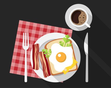 Kahvaltı, çatal bıçak takımı, tılsım, pastırma, ekmek, otlar, bir fincan kahve, kırmızı kareli masa örtüsü, koyu arkaplan, düz şekil, vektör