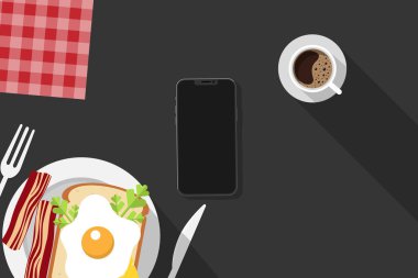 arka plan, kahvaltı, çatal bıçaklı tabak, tılsım, pastırma, ekmek, yeşiller, kahve fincanı, akıllı telefon, koyu arka plan, düz stil, vektör