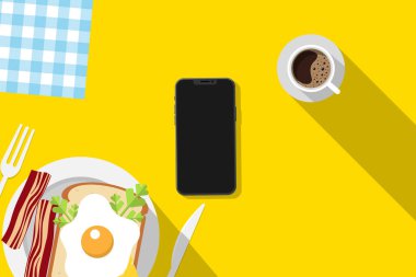 arkaplan, kahvaltı, çatal bıçaklı tabak, tılsım, pastırma, ekmek, yeşiller, kahve fincanı, akıllı telefon, sarı arka plan, düz stil, vektör