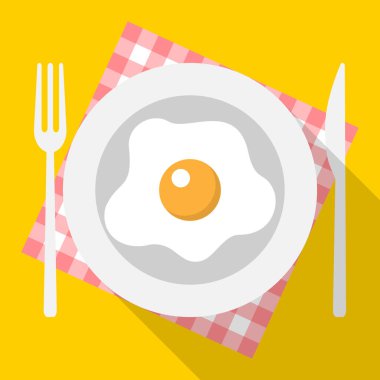 Kahvaltı, çatal bıçak takımı, tılsım, kırmızı kareli masa örtüsü, sarı arka plan, düz stil, vektör.