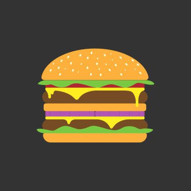 Siyah zemin üzerinde çift hamburger, düz stil, vektör