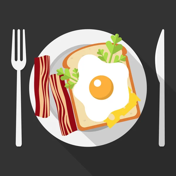 Breakfast Plate Cutlery Amlet Bacon Bread Greens Coffee Cup Dark — Stockvektor