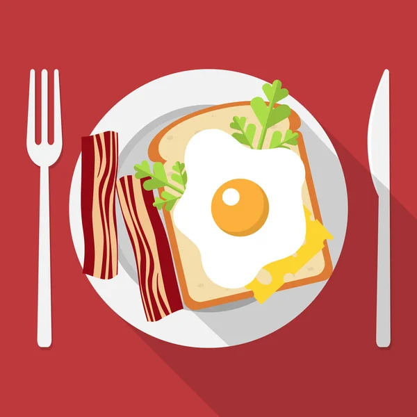 Breakfast Plate Cutlery Amlet Bacon Bread Greens Cup Coffee Red — Stock vektor