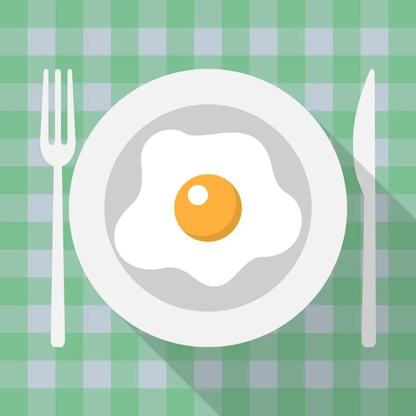 Kahvaltı, çatal bıçak takımı, omlet, yeşil kareli masa örtüsü, düz stil, vektör.