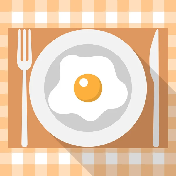 Kahvaltı, çatal bıçak takımı, omlet kahverengi kareli masa örtüsü, düz stil, vektör.