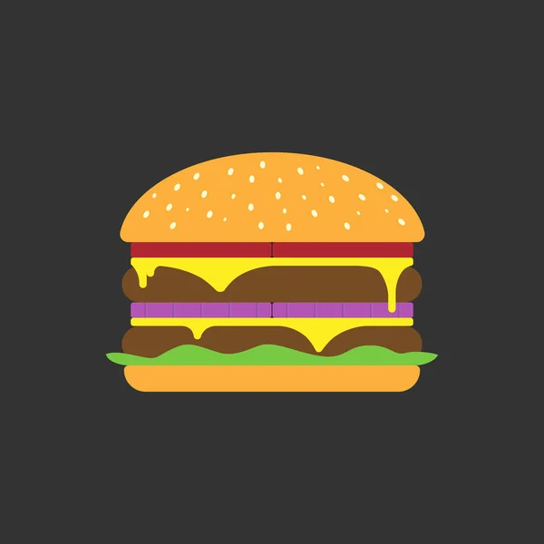 Siyah zemin üzerinde büyük hamburger, düz stil, vektör