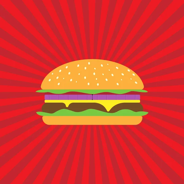 Small Hamburger Red Background Flat Style Vector — 图库矢量图片