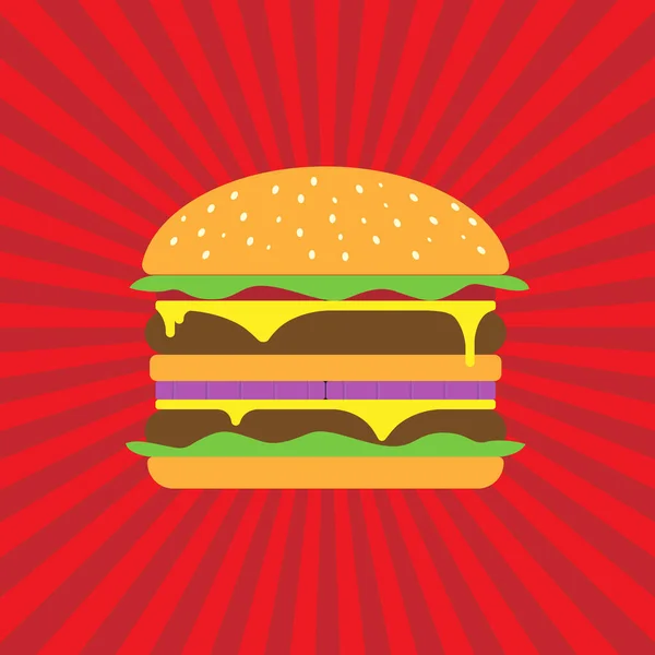 Kırmızı zemin üzerinde çift hamburger, düz stil, vektör