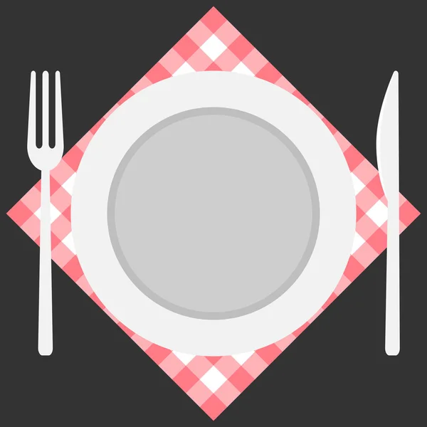 Plate Cutlery Red Checkered Tablecloth Black Background Flat Style Vector — Stockvektor