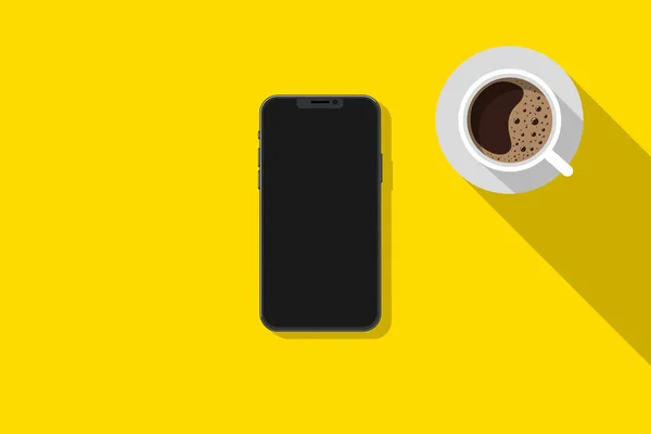 arka plan, sarı arka planda bir fincan kahveli akıllı telefon, düz stil, vektör