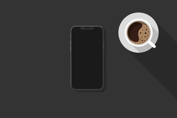 arka plan, arka plan koyu renk telefon, bir fincan kahve, düz stil, vektör