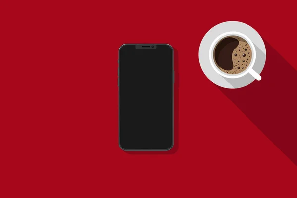 Tło Smartfon Czerwonym Tle Filiżanką Kawy Płaski Styl Wektor — Wektor stockowy