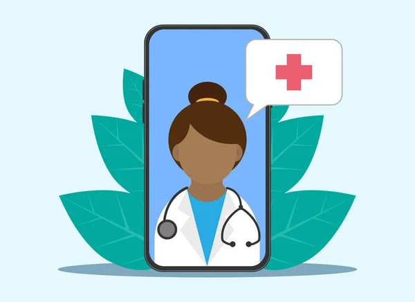 Online consultation doctor woman black, in flat style, vector
