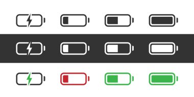 Battery design icons set in white, black and color, transparent, vector
