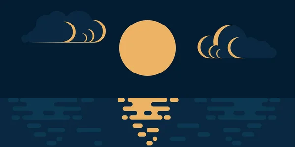 Full moon night ocean or seascape. with clouds and moonlight reflection in dark water surface, in flat style, vector image