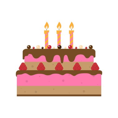 Çilekli doğum günü pastası ve üç mum, vektör, düz stil.