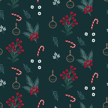 Yeşil yaprakları, şeker çubukları ve kırmızı böğürtlenleri olan kusursuz bir Noel deseni