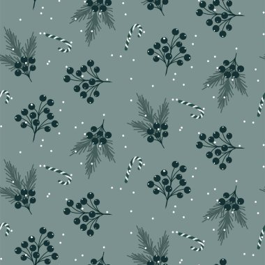 Yeşil yapraklar, şeker çubukları, kar ve böğürtlen arkaplan dizaynlı Xmas yeşilliği deseni