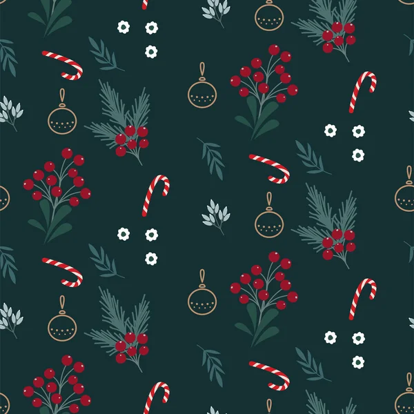 Patrón sin costuras de Navidad con hojas verdes, palitos de caramelo y bayas rojas de diseño de fondo — Vector de stock