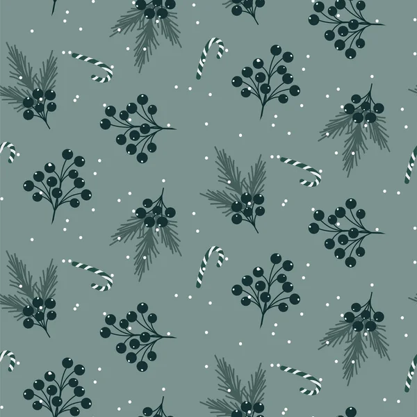 Xmas greenery seamless pattern with green leaves, candy sticks, snow and berries background design — Stock Vector