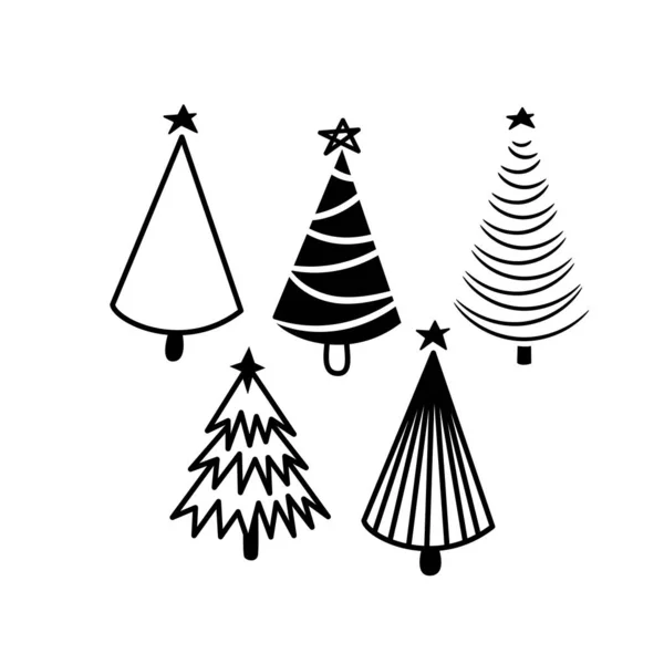 Árboles de Navidad icono conjunto dibujado a mano y línea icono diseño simple para los diseños de tarjetas. — Vector de stock