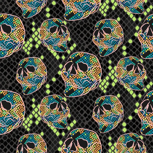 Skull pattern with snake skin texture. Seamless neon dark grunge boho background for textile print. — Stock Vector