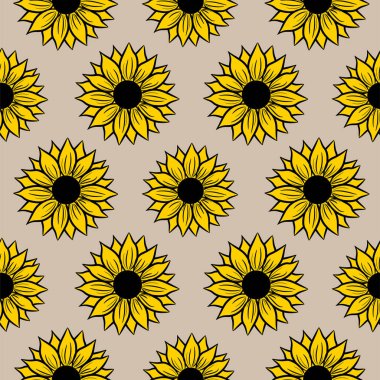 Yaz ayçiçeği pürüzsüz deseni. Tarla çiçekleri arka planı. Siyah ve sarı renkler