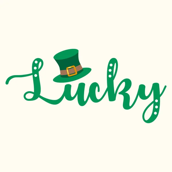 St. Patrick dag groen gelukswoord met hoed decoratie. Gevoel van geluk Saint Patricks dag clipart voor wenskaart. Stockvector