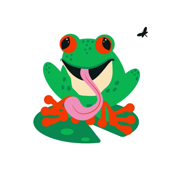 Cartoon grüner Frosch mit roten Augen und Zunge isoliert auf weißem Hintergrund — Stockvektor