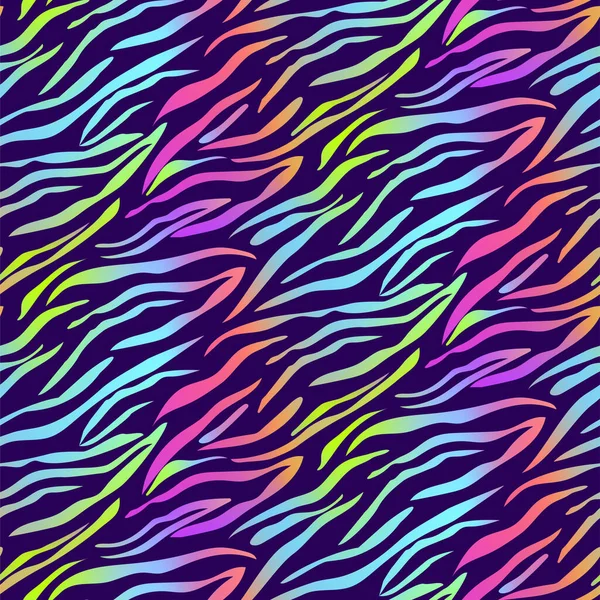 Tigre rayas arco iris patrón sin costuras. Textura de tigre vector holográfico de neón. Piel de animal, estampado de cebra. Papel de envolver, telas de moda, estampados. — Vector de stock